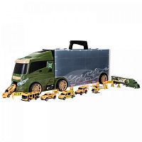 Givito Машина игрушка серии "Милитари" (Автовоз - кейс 59 см, зеленый, с тоннелем. Набор из 4 машинок, 1 автомобиль)					