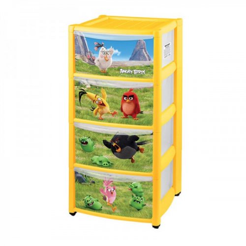 Пластиковый комод для детской комнаты с аппликацией Angry Birds 4 ящика  / желтый