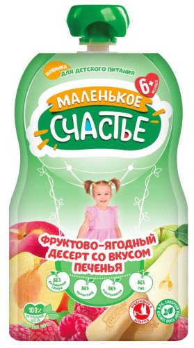 Маленькое счастье Пюре Десерт фруктово-ягодный со вкусом печенья, с 6 месяцев, 90 г