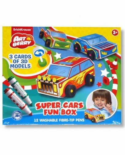 Набор для творчества Super Cars Fun box Artberry, 12 фломастеров и 3 модели машинок для сборки