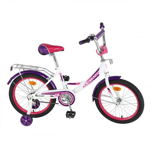 Велосипед детский 18" Mustang A-ТИП / страховочные колеса / звонок/ белый + фиолетовый