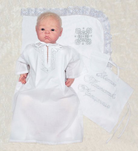 Осьминожка Комплект для мальчика крестильный: рубашка, уголок, мешочек для волос, мешок р-р 62 см / серебро