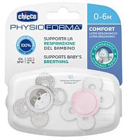 Chicco Пустышка силиконовая Physio Comfort, 0-6месяцев, 2 штуки					